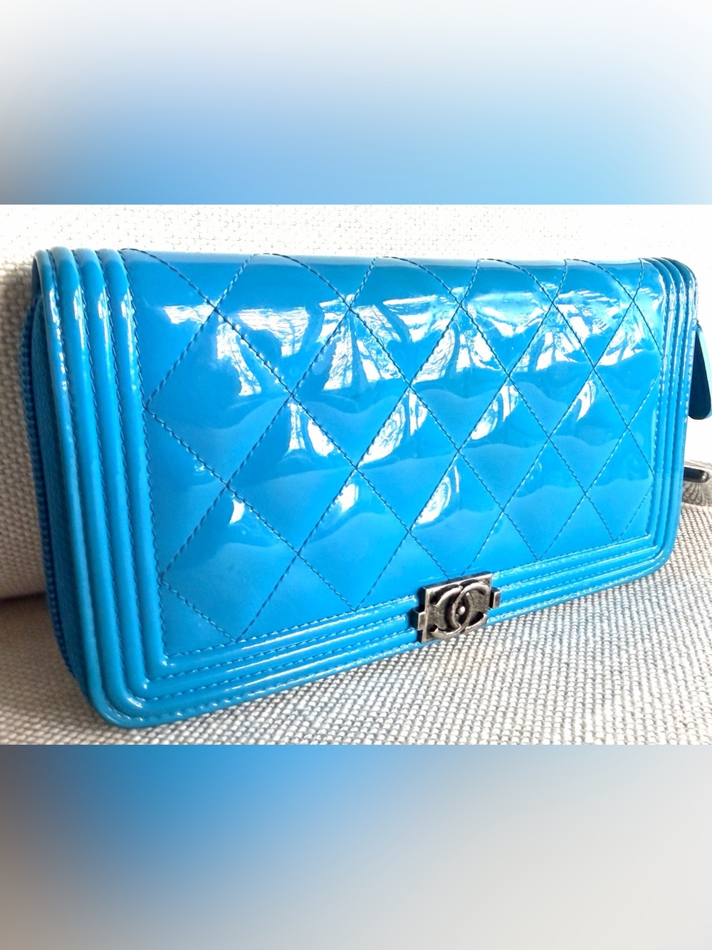 CHANEL RARE Electric Blue Patent Boy Zip Around Long Wallet COA - Picture 3 of 13